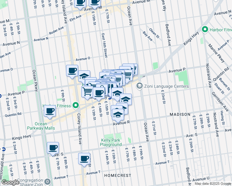 map of restaurants, bars, coffee shops, grocery stores, and more near 1522-1526 Kings Highway in Brooklyn