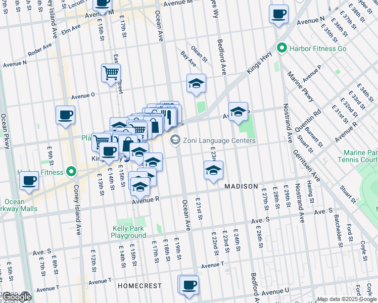 map of restaurants, bars, coffee shops, grocery stores, and more near 2145 Ocean Avenue in Brooklyn