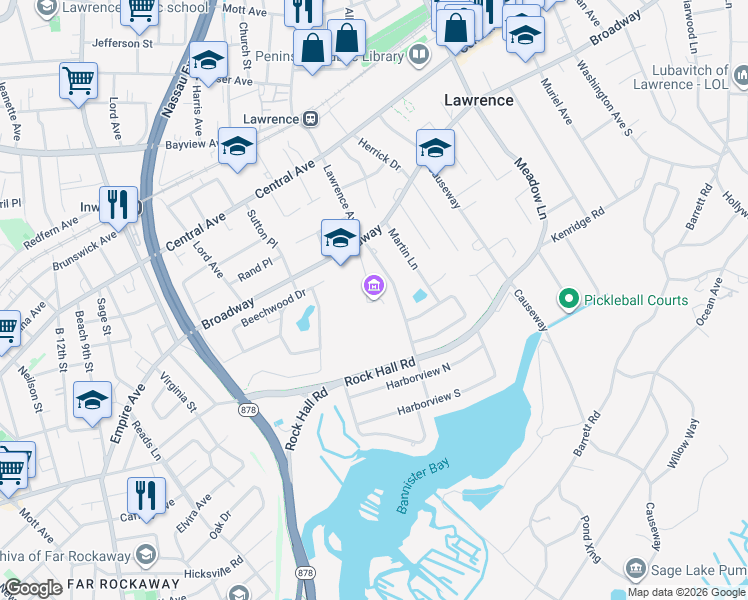 map of restaurants, bars, coffee shops, grocery stores, and more near 199 Broadway in Lawrence