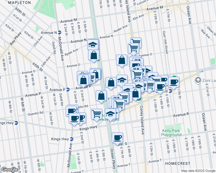 map of restaurants, bars, coffee shops, grocery stores, and more near 1601 Ocean Parkway in Brooklyn