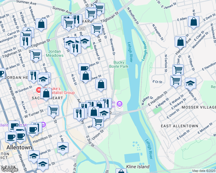 map of restaurants, bars, coffee shops, grocery stores, and more near 210 North Front Street in Allentown