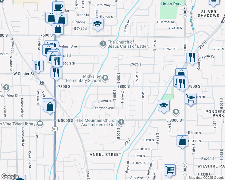 map of restaurants, bars, coffee shops, grocery stores, and more near 7824 South 280 East in Sandy