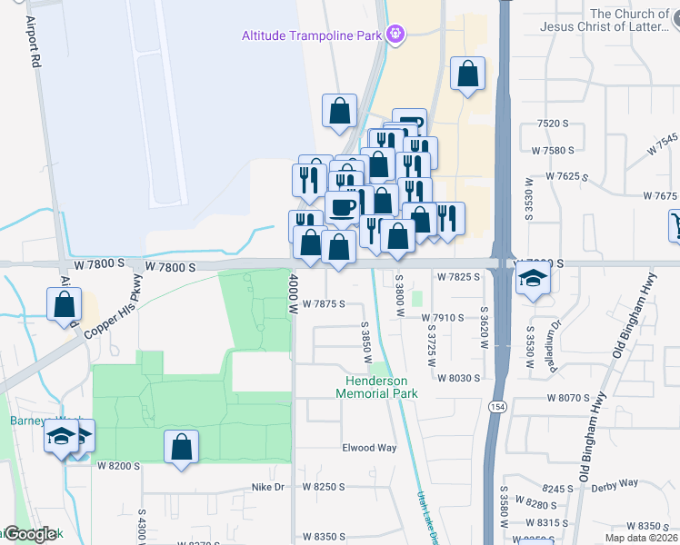 map of restaurants, bars, coffee shops, grocery stores, and more near 3895 West 7800 South in West Jordan