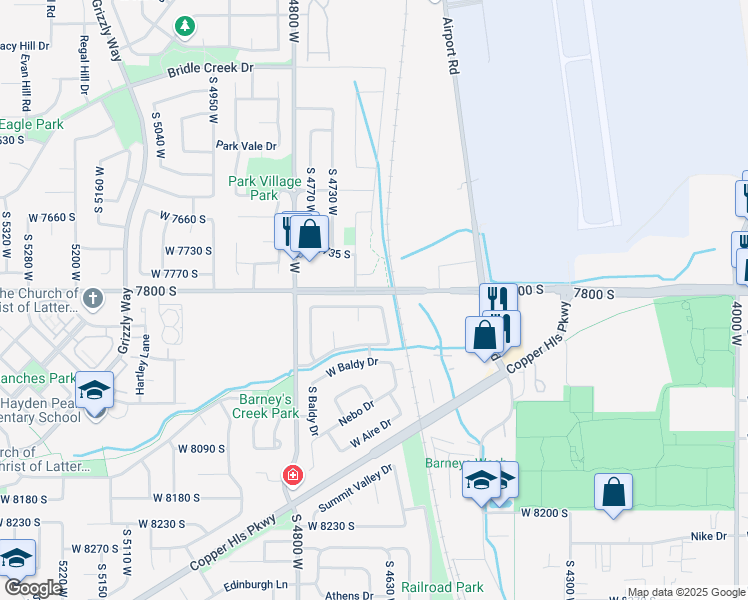 map of restaurants, bars, coffee shops, grocery stores, and more near 4656 Olympic Wood Court in West Jordan