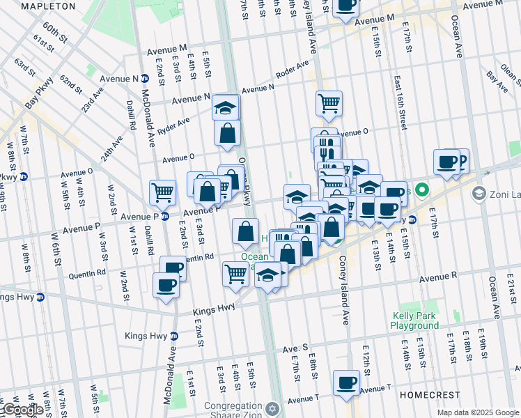 map of restaurants, bars, coffee shops, grocery stores, and more near 1601 Ocean Parkway Service Road in Brooklyn