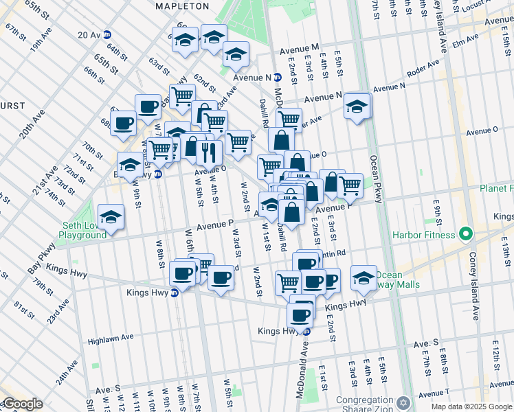 map of restaurants, bars, coffee shops, grocery stores, and more near 1522 West 1st Street in Brooklyn