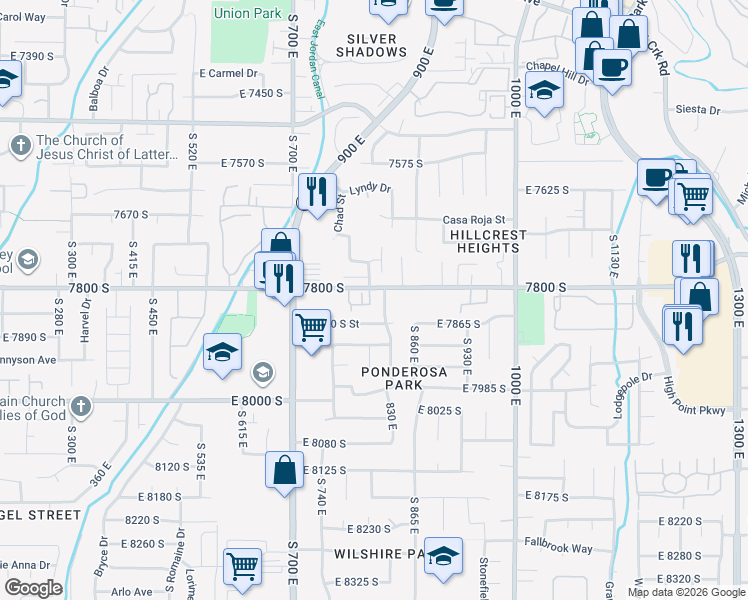 map of restaurants, bars, coffee shops, grocery stores, and more near 799 7800 South in Sandy