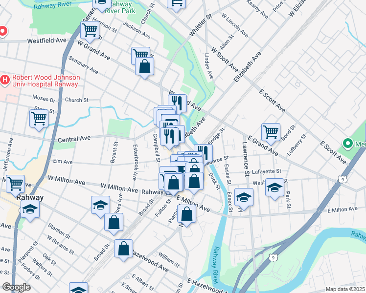 map of restaurants, bars, coffee shops, grocery stores, and more near 79 West Main Street in Rahway