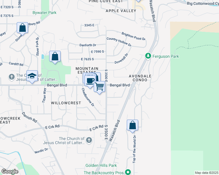 map of restaurants, bars, coffee shops, grocery stores, and more near 3522 Bengal Boulevard in Cottonwood Heights