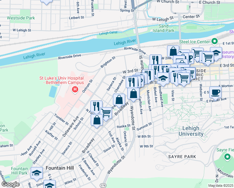 map of restaurants, bars, coffee shops, grocery stores, and more near 509 Cherokee Street in Bethlehem