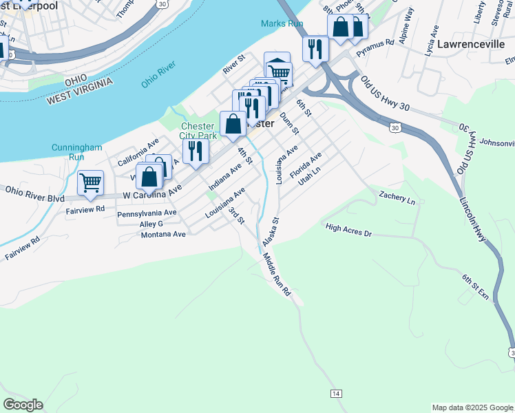 map of restaurants, bars, coffee shops, grocery stores, and more near 642 Louisiana Ave in Chester
