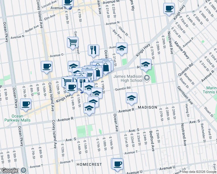map of restaurants, bars, coffee shops, grocery stores, and more near 2158 Ocean Avenue in Kings County