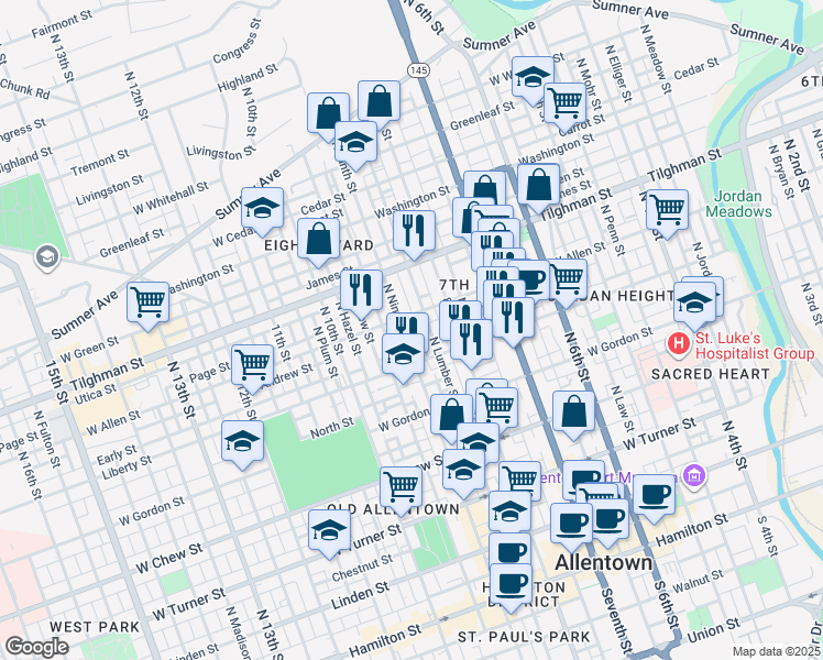 map of restaurants, bars, coffee shops, grocery stores, and more near 826 Allen Street in Allentown