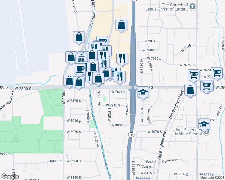 map of restaurants, bars, coffee shops, grocery stores, and more near 3706 West 7825 South in West Jordan
