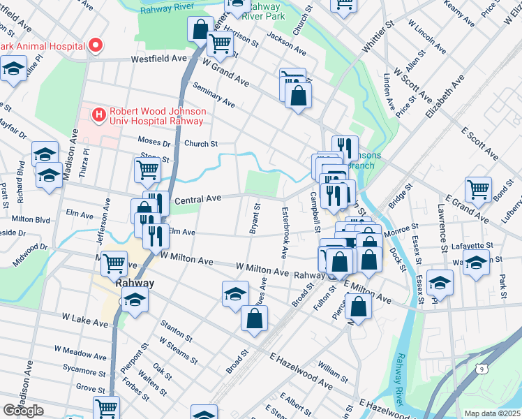 map of restaurants, bars, coffee shops, grocery stores, and more near 1377 Bryant Street in Rahway