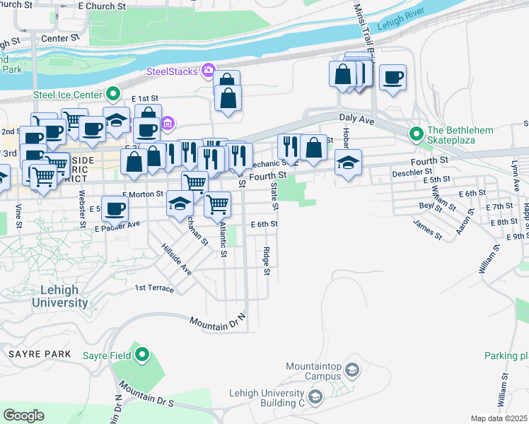 map of restaurants, bars, coffee shops, grocery stores, and more near 931 Laufer Street in Bethlehem
