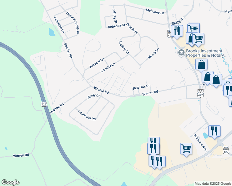 map of restaurants, bars, coffee shops, grocery stores, and more near 2794 Warren Road in Indiana