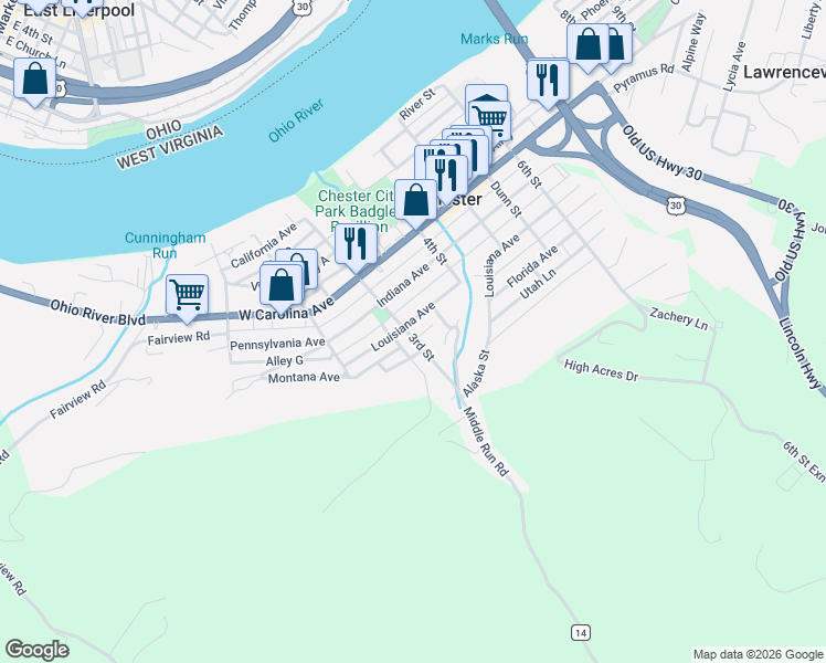 map of restaurants, bars, coffee shops, grocery stores, and more near 208 3rd Street in Chester