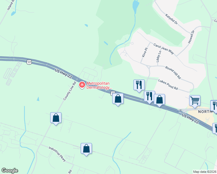 map of restaurants, bars, coffee shops, grocery stores, and more near 3400 U.S. 22 in Branchburg