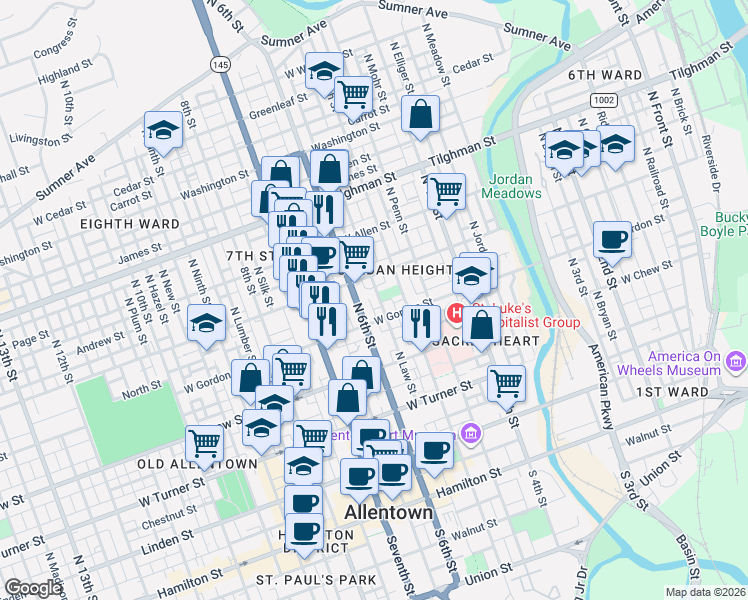 map of restaurants, bars, coffee shops, grocery stores, and more near 439 North 6th Street in Allentown
