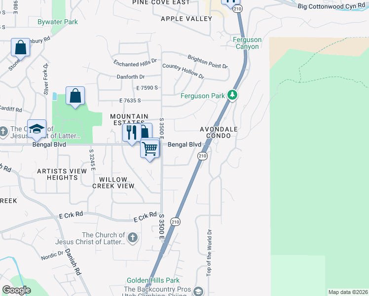 map of restaurants, bars, coffee shops, grocery stores, and more near 3608 Bengal Boulevard in Cottonwood Heights