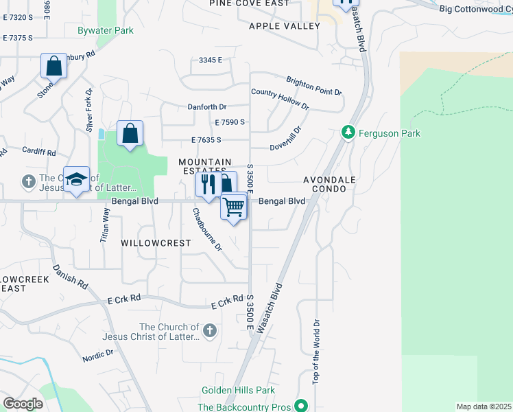 map of restaurants, bars, coffee shops, grocery stores, and more near 3547 Bengal Boulevard in Cottonwood Heights