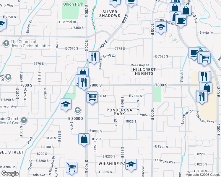 map of restaurants, bars, coffee shops, grocery stores, and more near 799 7800 South in Sandy