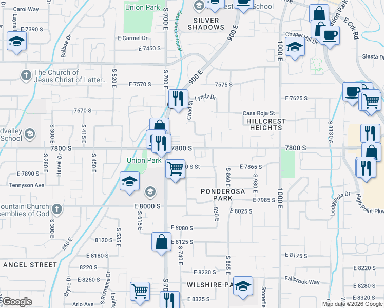map of restaurants, bars, coffee shops, grocery stores, and more near 762 East 7800 South in Sandy