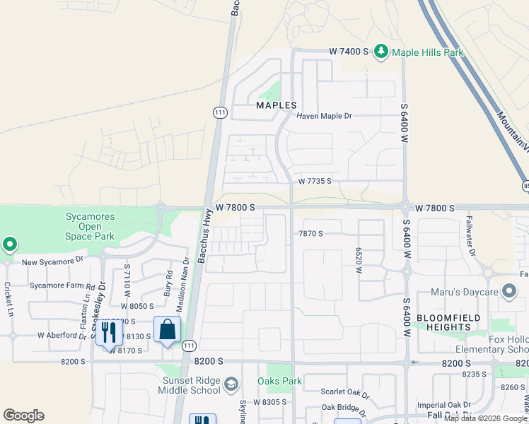 map of restaurants, bars, coffee shops, grocery stores, and more near 6729 7820 South in West Jordan