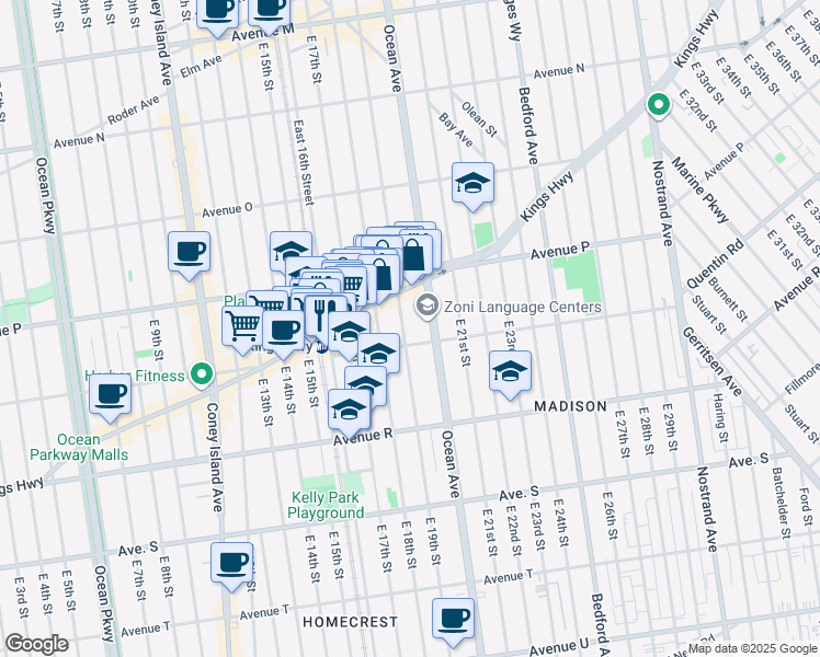 map of restaurants, bars, coffee shops, grocery stores, and more near 1661 East 19th Street in Brooklyn