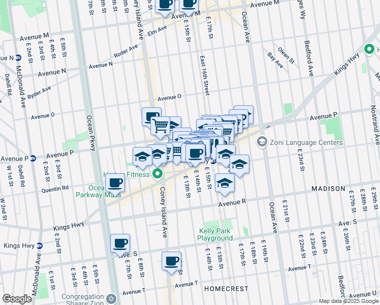 map of restaurants, bars, coffee shops, grocery stores, and more near 1630 East 15th Street in Brooklyn