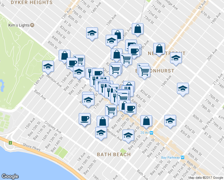 map of restaurants, bars, coffee shops, grocery stores, and more near 8424 17th Avenue in Brooklyn