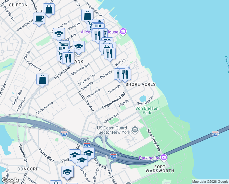 map of restaurants, bars, coffee shops, grocery stores, and more near 26 Evelyn Place in Staten Island