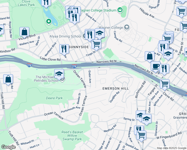 map of restaurants, bars, coffee shops, grocery stores, and more near 26 Hewitt Avenue in Staten Island