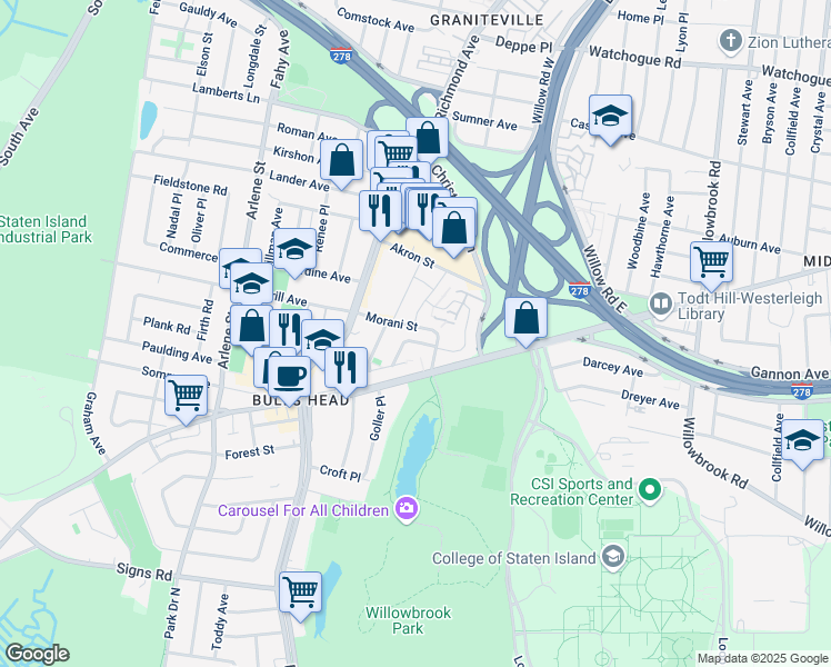 map of restaurants, bars, coffee shops, grocery stores, and more near 45 Richard Lane in Staten Island