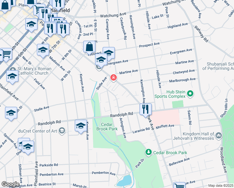 map of restaurants, bars, coffee shops, grocery stores, and more near 1052-1116 Park Avenue in Plainfield