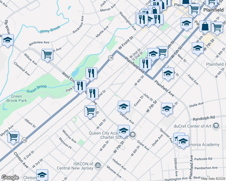 map of restaurants, bars, coffee shops, grocery stores, and more near 212 Muhlenberg Place in Plainfield