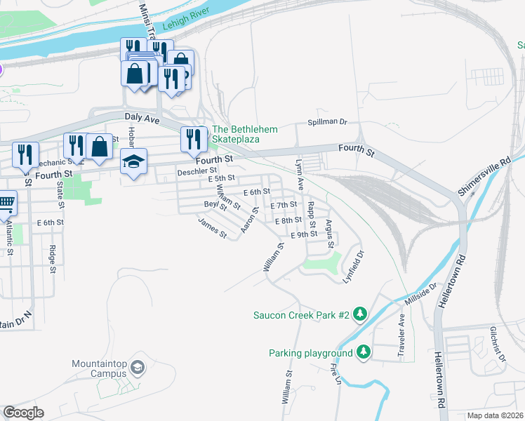 map of restaurants, bars, coffee shops, grocery stores, and more near 618 Aaron Street in Bethlehem