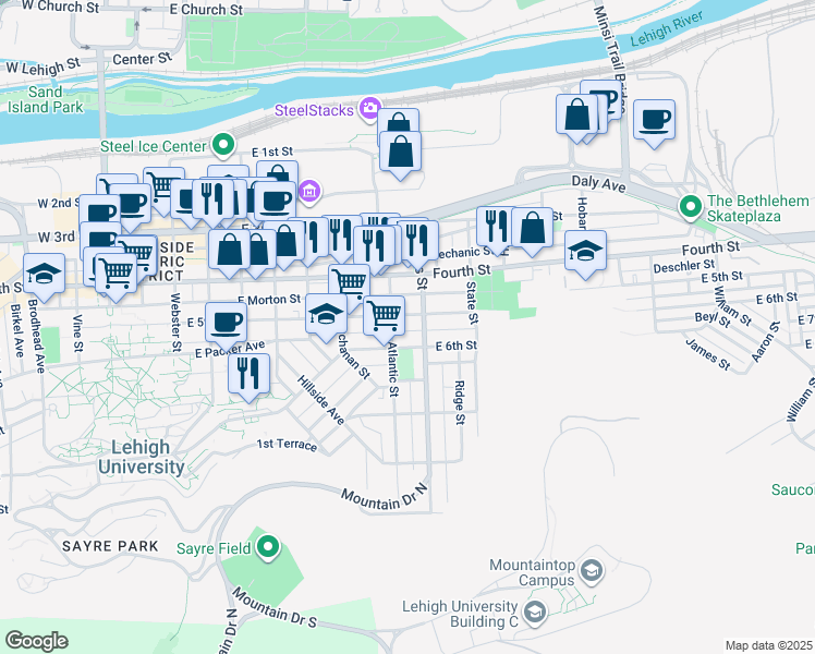 map of restaurants, bars, coffee shops, grocery stores, and more near 836 East 5th Street in Bethlehem