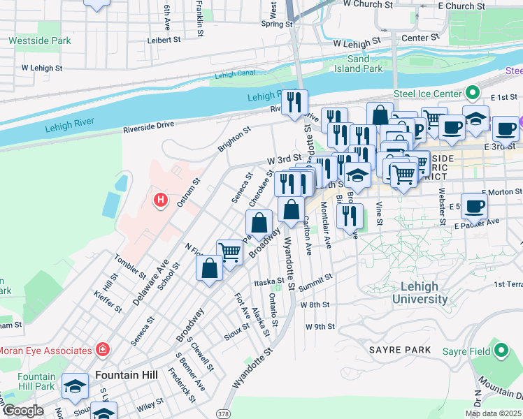 map of restaurants, bars, coffee shops, grocery stores, and more near 614 Dakotah Street in Bethlehem