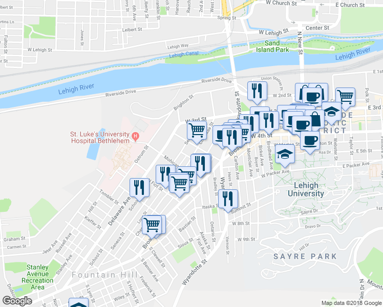 map of restaurants, bars, coffee shops, grocery stores, and more near 512 Seneca Street in Bethlehem