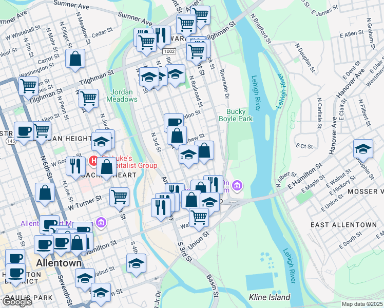map of restaurants, bars, coffee shops, grocery stores, and more near 155 Oak Street in Allentown