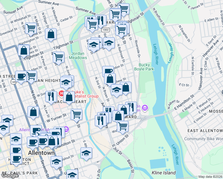 map of restaurants, bars, coffee shops, grocery stores, and more near 246 North 2nd Street in Allentown