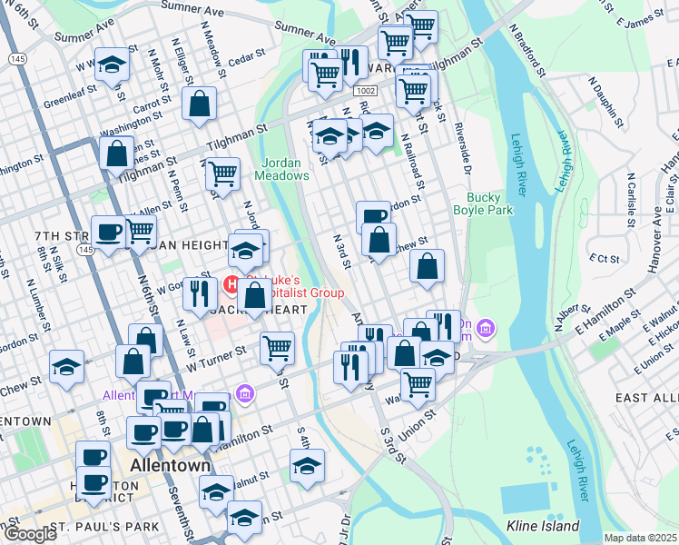 map of restaurants, bars, coffee shops, grocery stores, and more near 224-322 North 3rd Street in Allentown