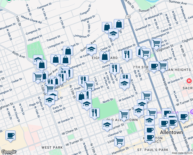 map of restaurants, bars, coffee shops, grocery stores, and more near 1104 State Route 1002 in Allentown