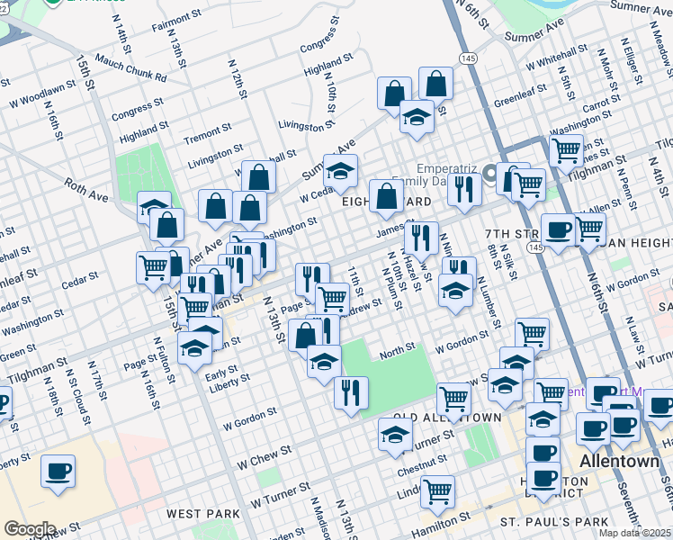 map of restaurants, bars, coffee shops, grocery stores, and more near 1104 State Route 1002 in Allentown