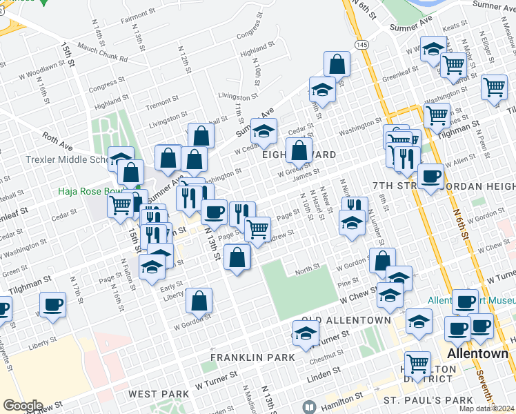map of restaurants, bars, coffee shops, grocery stores, and more near 1104 State Route 1002 in Allentown