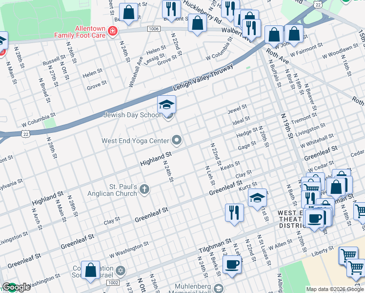 map of restaurants, bars, coffee shops, grocery stores, and more near 1118 North 23rd Street in Allentown
