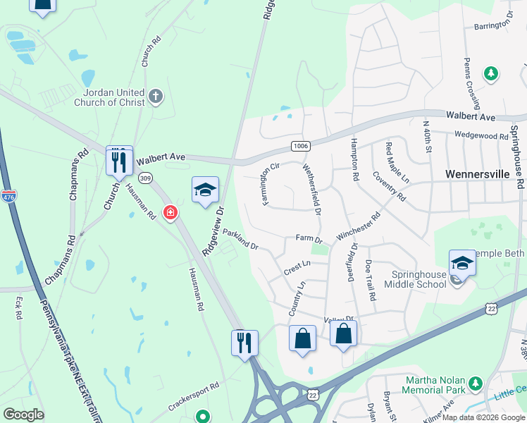 map of restaurants, bars, coffee shops, grocery stores, and more near 4344 Farmington Circle in Allentown