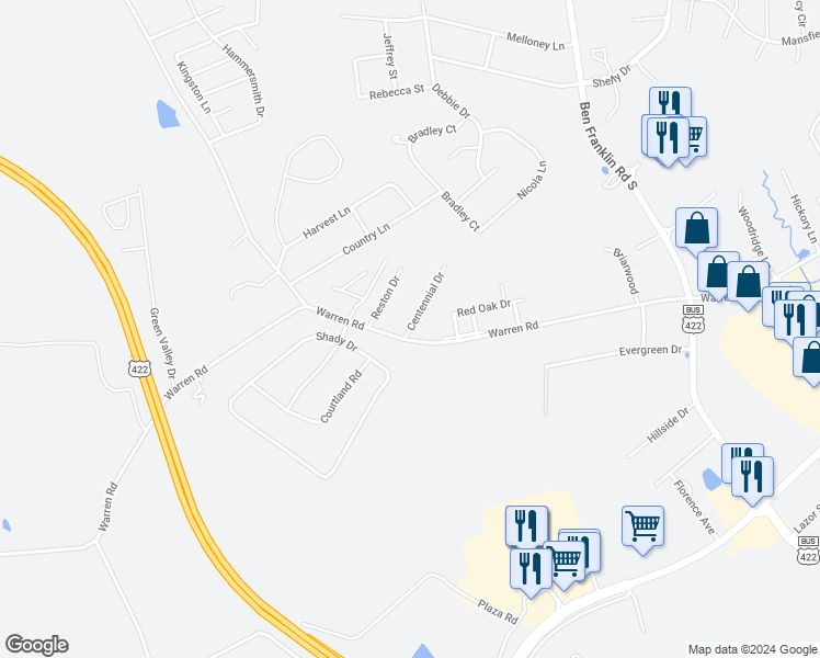 map of restaurants, bars, coffee shops, grocery stores, and more near 2794 Warren Road in Indiana
